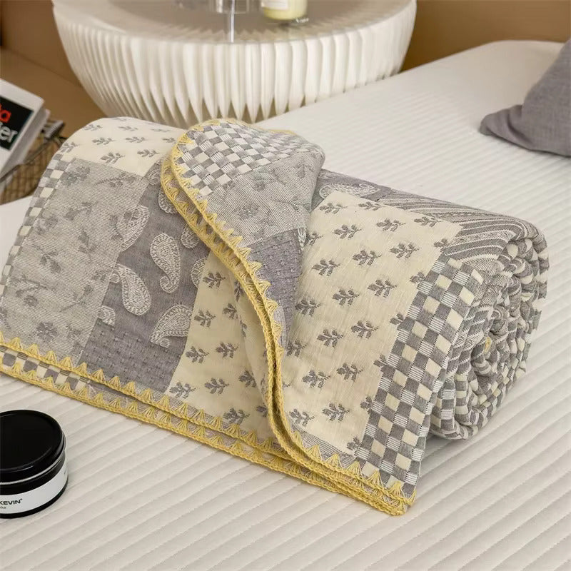 Modern Vintage Cotton Patchwork Bespread in Cream & Gray With Embroidered Edges