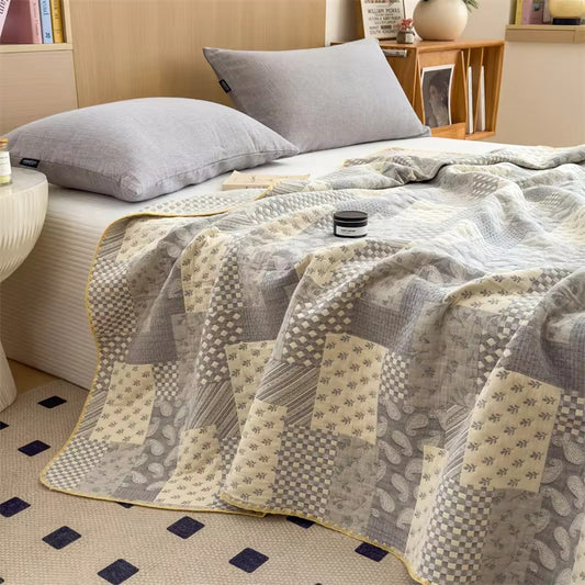 Modern Vintage Cotton Patchwork Bespread in Cream & Gray With Embroidered Edges
