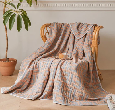Cotton Bedspreads with Grey & Orange Geometric Maze Pattern