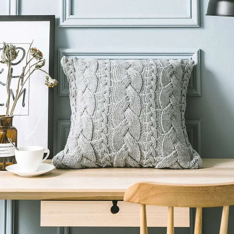 Nordic Cotton Knitted Cushion Covers With Plait Designs in Grey