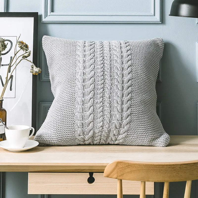 Nordic Cotton Knitted Cushion Covers With Plait Designs in Grey