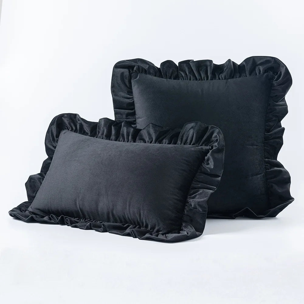 Black Nordic Velvet Cushion Covers With Ruffle Edges