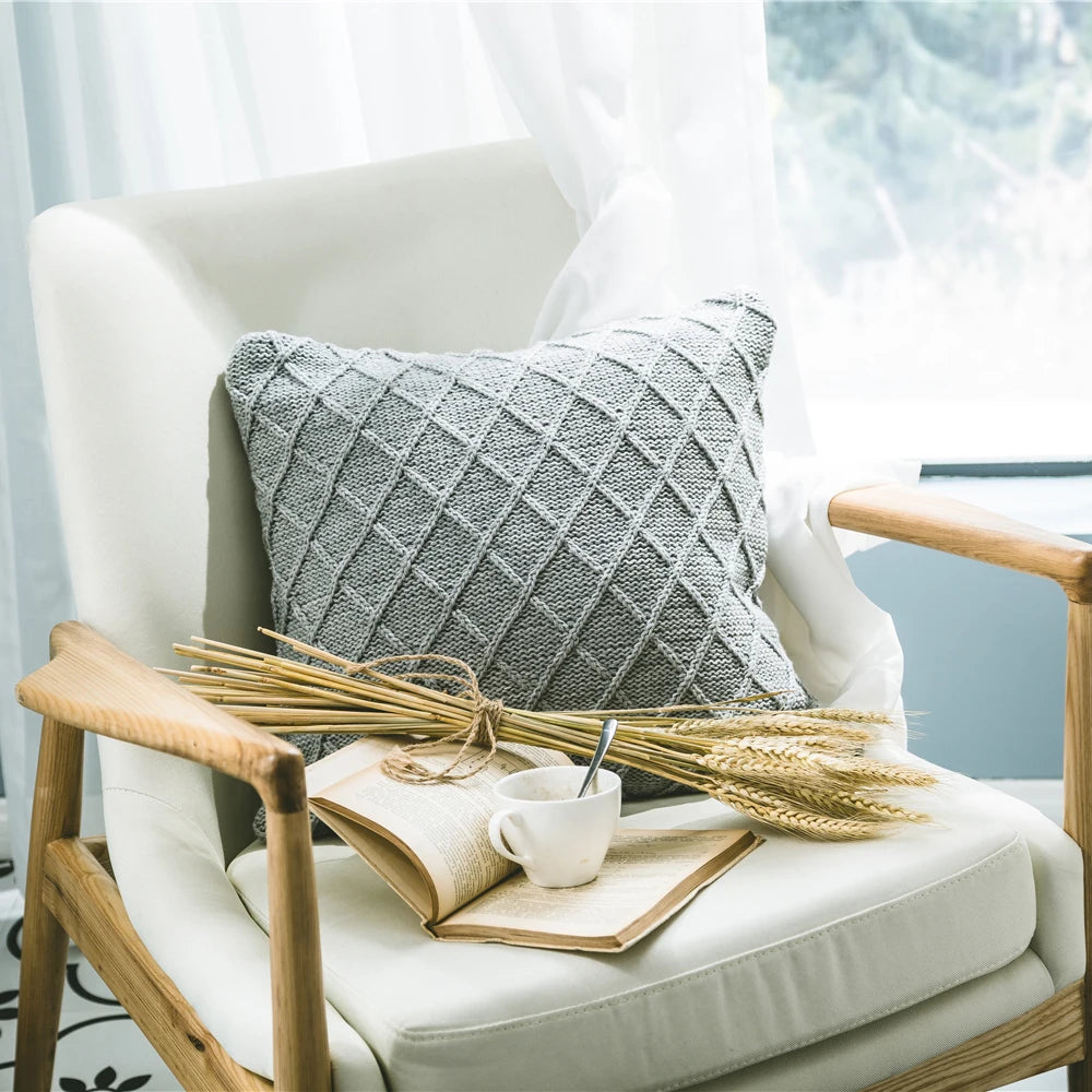 Nordic Cotton Knitted Cushion Covers With Check Design in Grey
