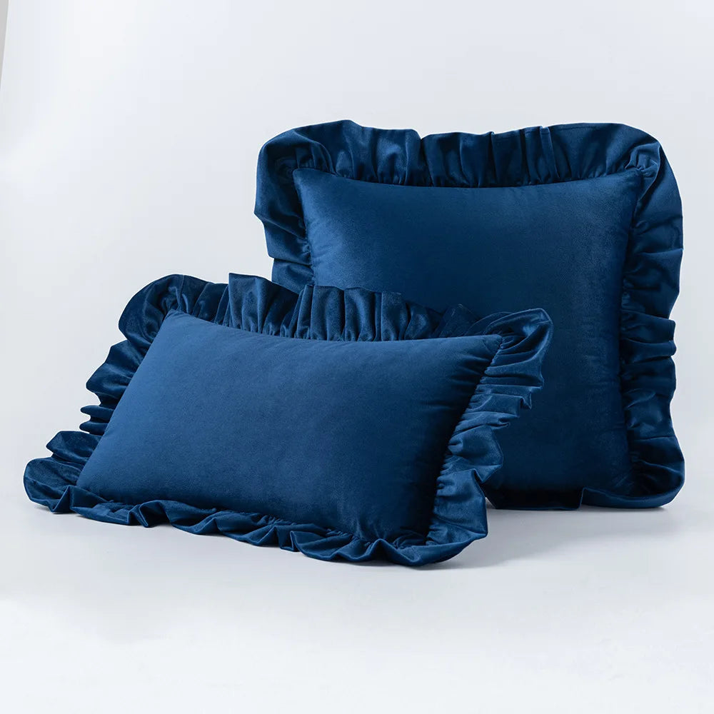 Navy Nordic Velvet Cushion Covers With Ruffle Edges