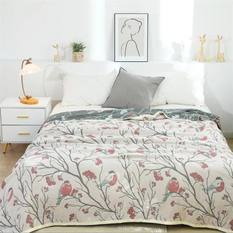 Red 100% Cotton Bird & Floral Bedspread / Sofa Throw Kingsize