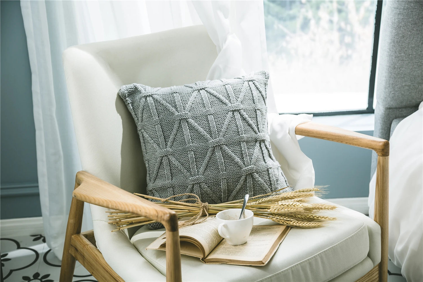 Nordic Cotton Knitted Cushion Covers With Check Designs in Grey