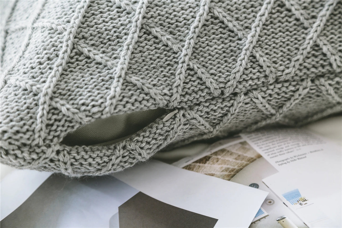 Nordic Cotton Knitted Cushion Covers With Plait & Check Designs in Grey