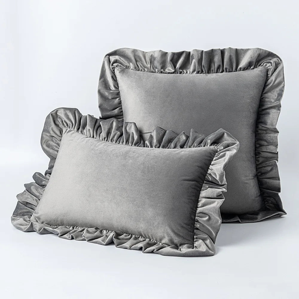 Grey Nordic Velvet Cushion Covers With Ruffle Edges