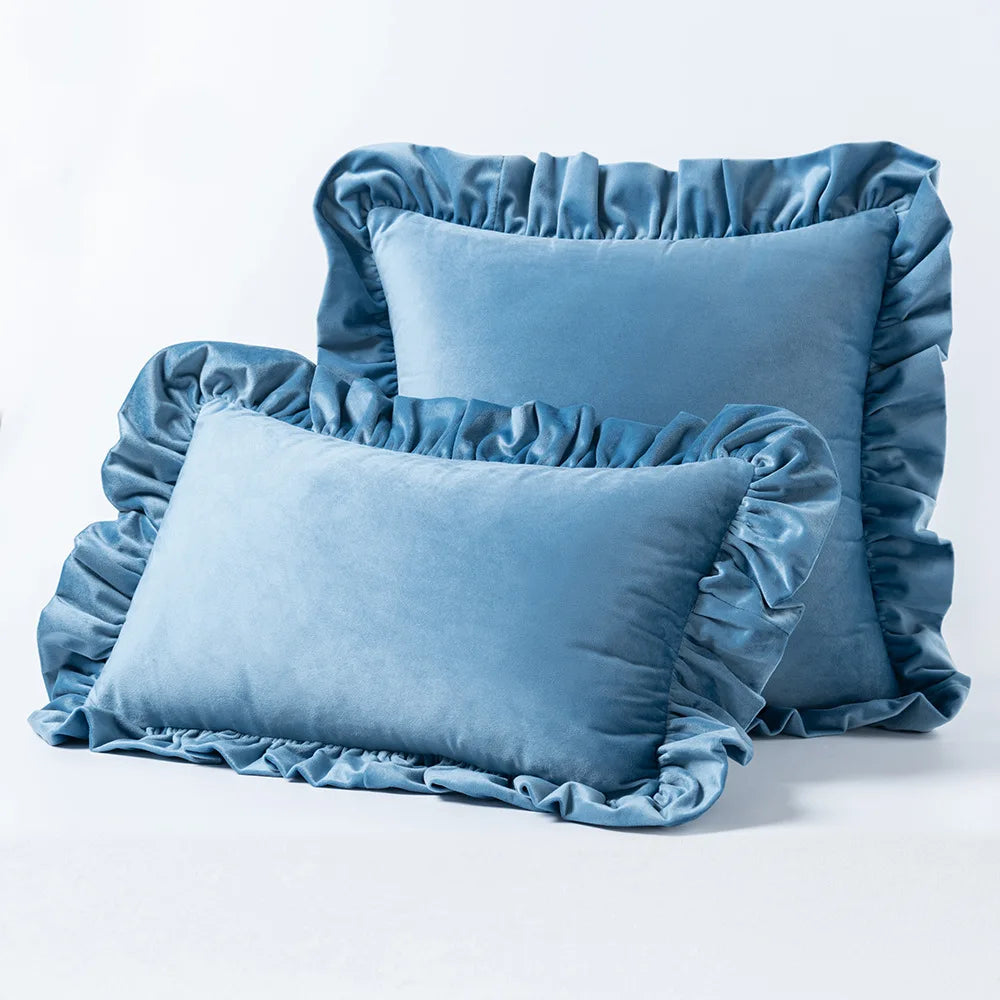 Blue Nordic Velvet Cushion Covers With Ruffle Edges