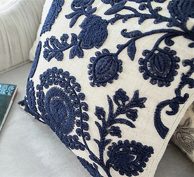 Navy Stunning Floral Embroidered Cream Cushion Covers -18in x 18in
