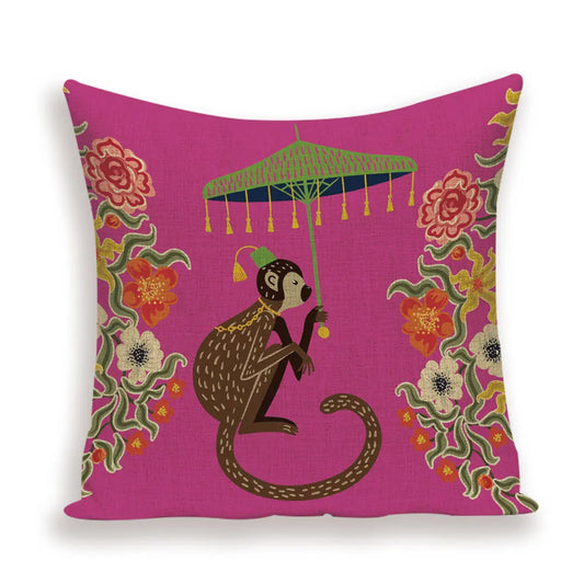 Pink Modern Vintage Style Monkey with Umbrella Cushion Cover 18in x 18in
