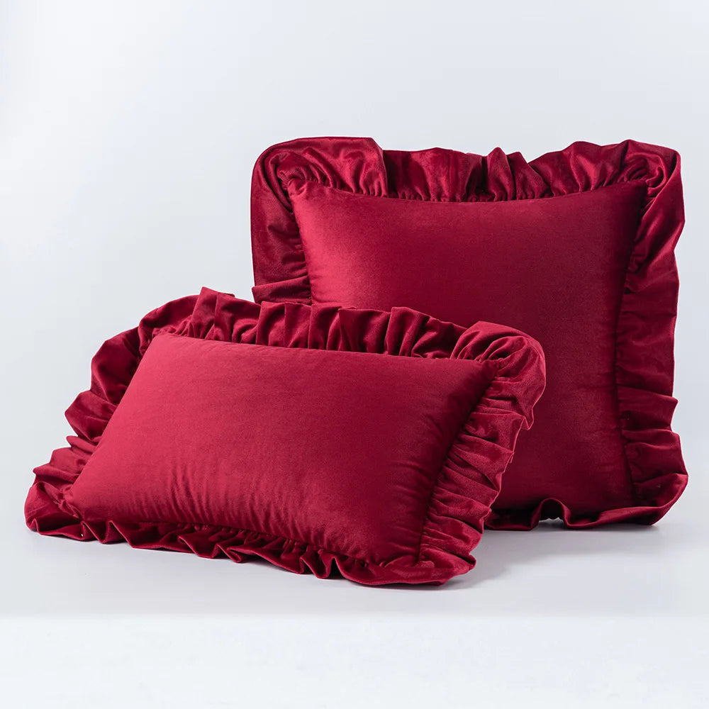 Red Nordic Velvet Cushion Covers With Ruffle Edges