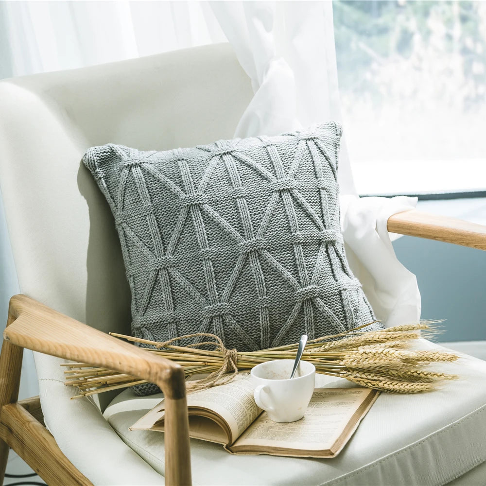 Nordic Cotton Knitted Cushion Covers With Check Design in Grey