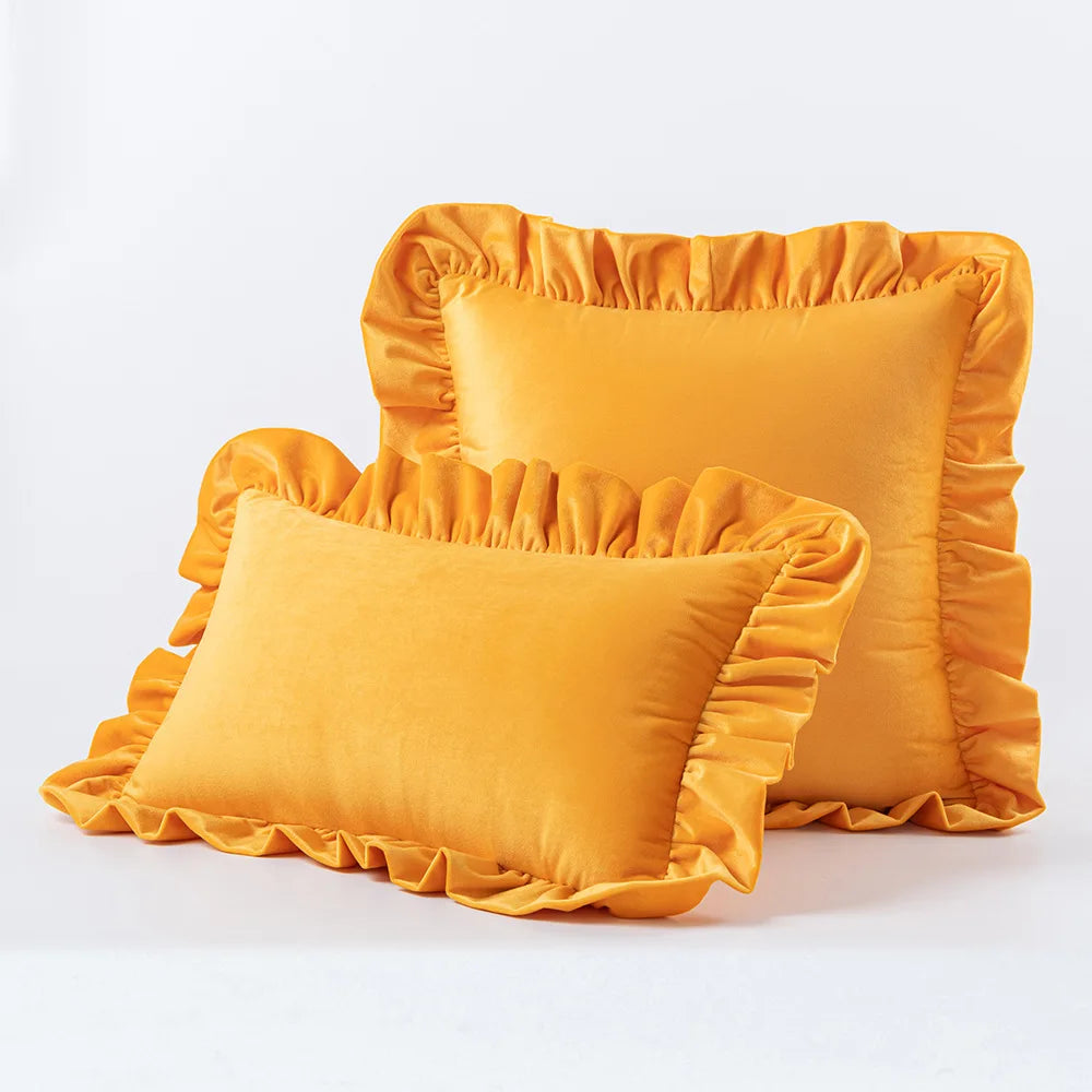 Orange Nordic Velvet Cushion Covers With Ruffle Edges
