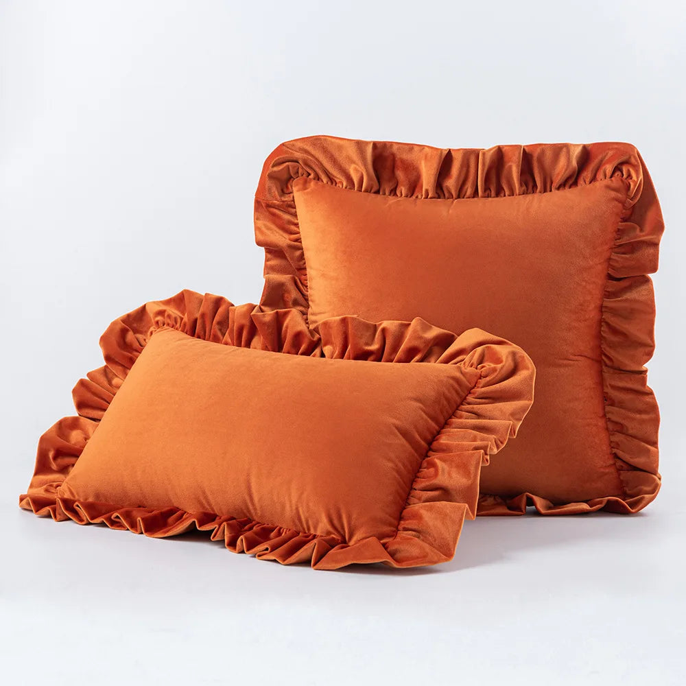 Burnt Orange Nordic Velvet Cushion Covers With Ruffle Edges