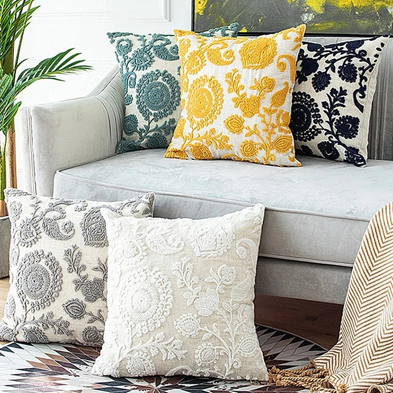 Stunning Floral Embroidered Cream Cushion Covers -18in x 18in