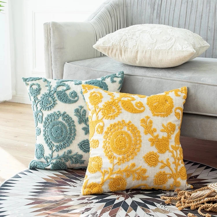 Stunning Floral Embroidered Cream Cushion Covers -18in x 18in