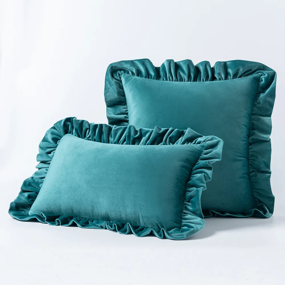 Green Nordic Velvet Cushion Covers With Ruffle Edges