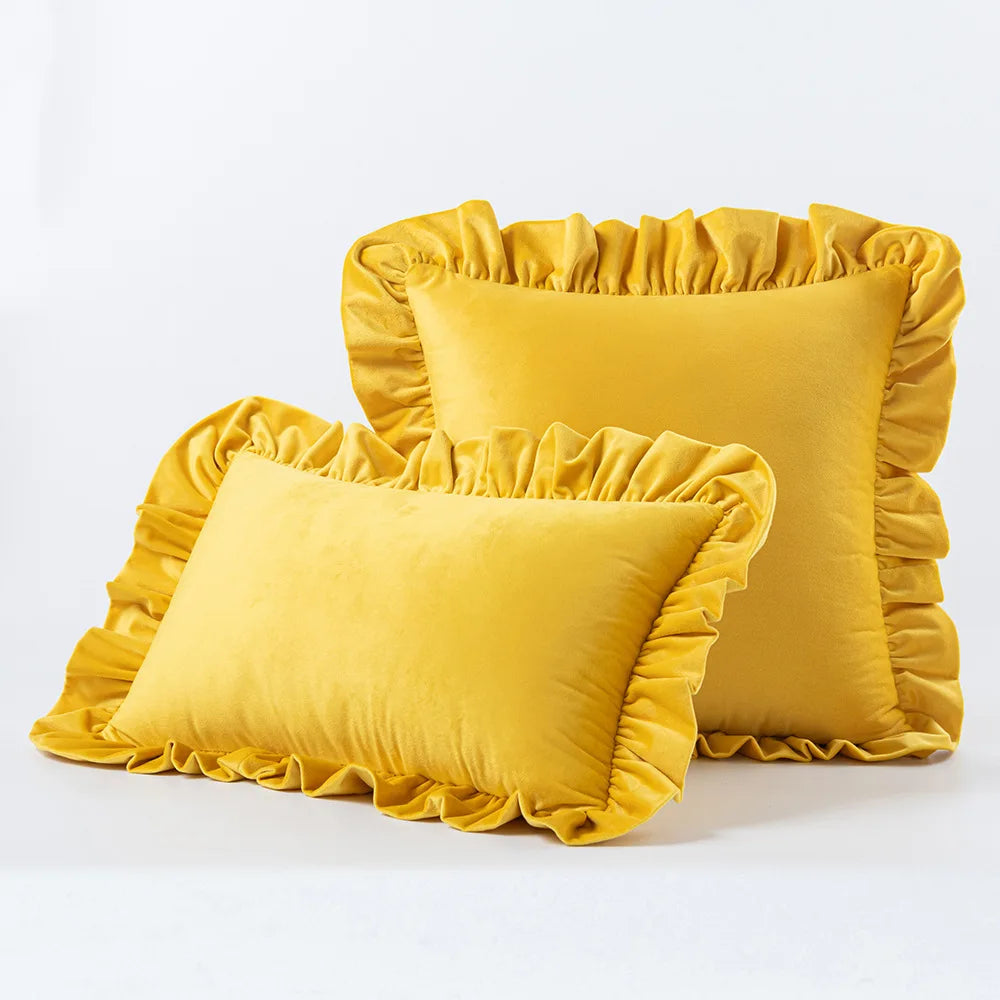 Yellow Nordic Velvet Cushion Covers With Ruffle Edges