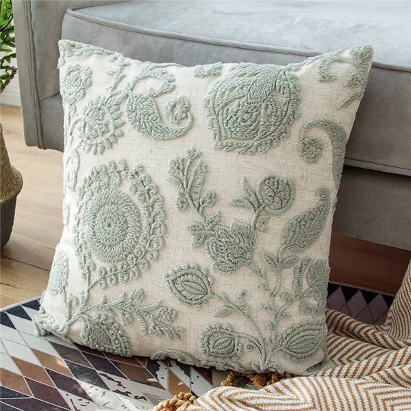 Ligt Sage Stunning Floral Embroidered Cream Cushion Covers -18in x 18in