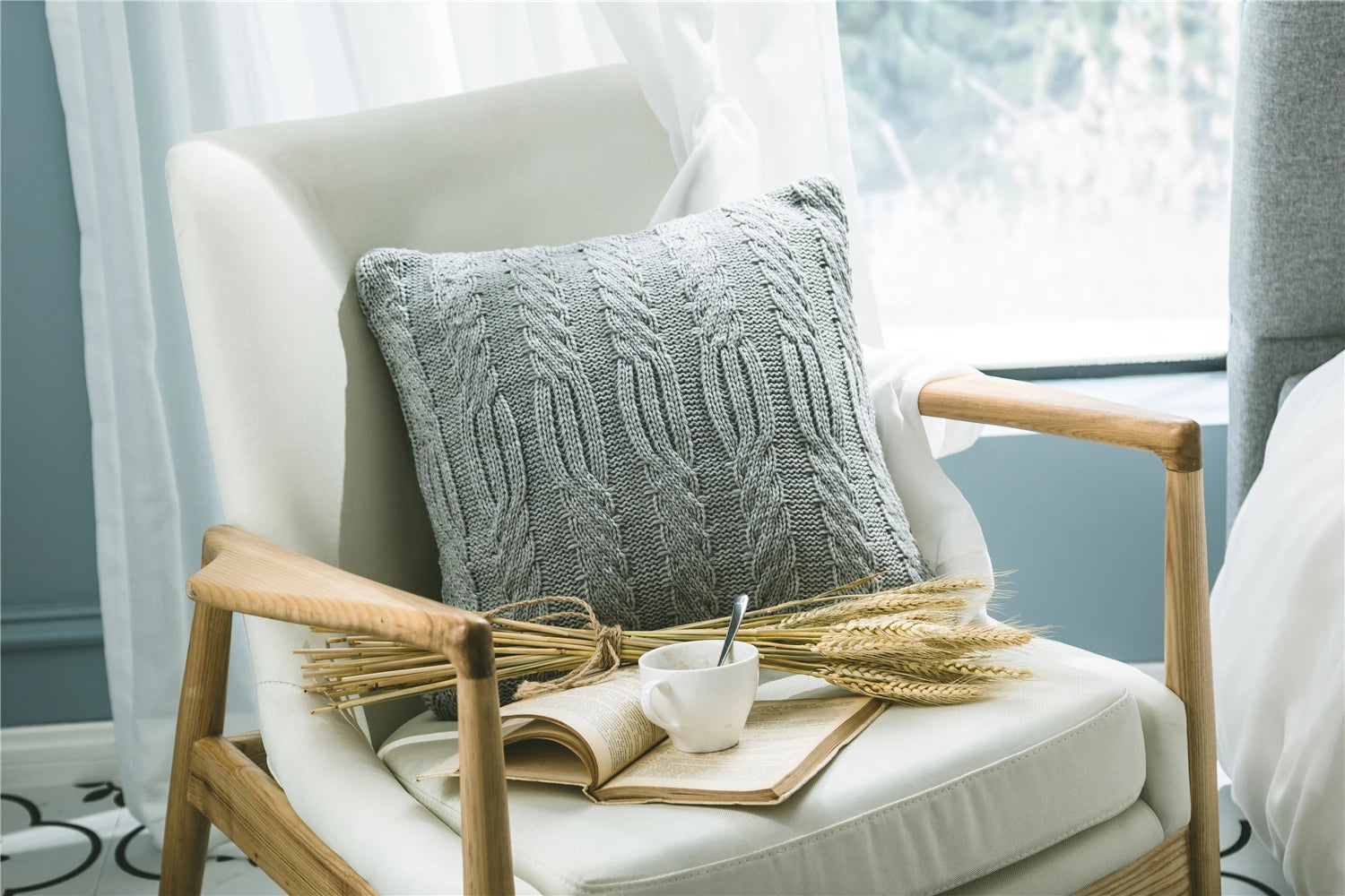 Nordic Cotton Knitted Cushion Covers With Plait Designs in Grey