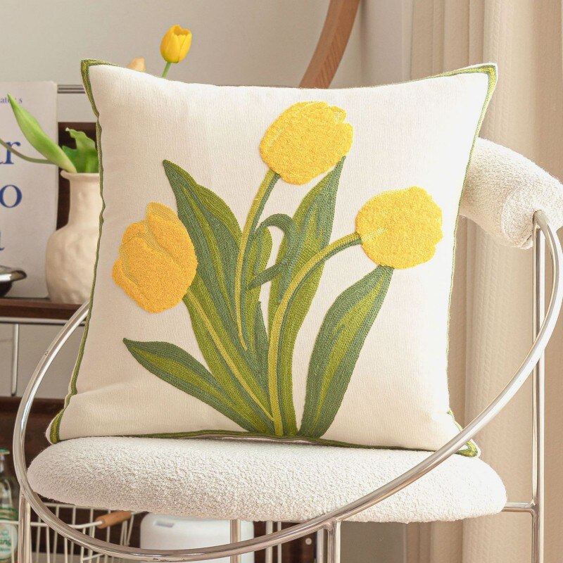 Beautiful Embroidered & Tufted Tulip Cushion Covers - Yellow