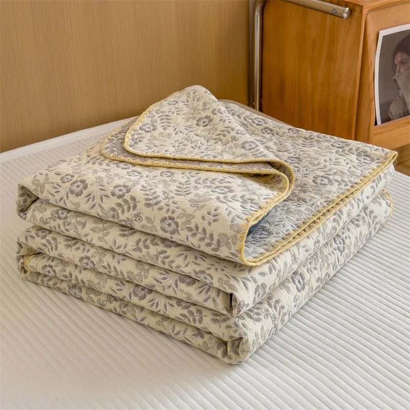 Cotton jacquard cream grey and yellow Floral Bedspread / Sofa Throw With Embroidered Edges
