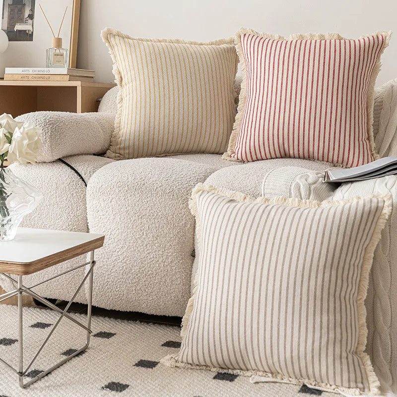 Nordic Vintage Striped Jacquard Tassel Cushion Covers