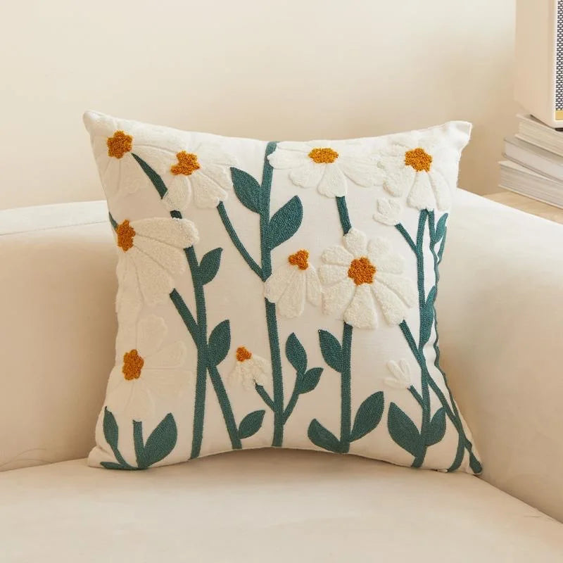 Tufted & Embroidered Floral Cushion Covers on Off-White Cotton/Linen 18inx18in