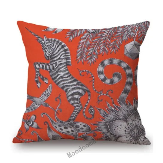Orange Arty Zebras Unicorn Cushion Covers on Bright Fabric