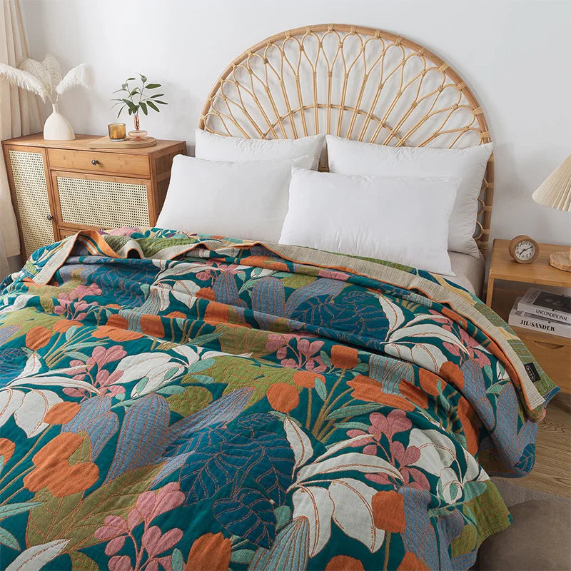 Blue and Green Cotton Bedspread / Sofa Throw With Orange Tulips - Single & Kingsize