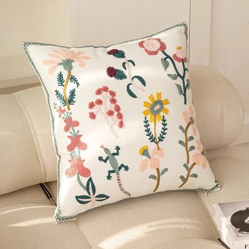 Tufted & Embroidered Floral Cushion Covers on Off-White Cotton/Linen 18inx18in