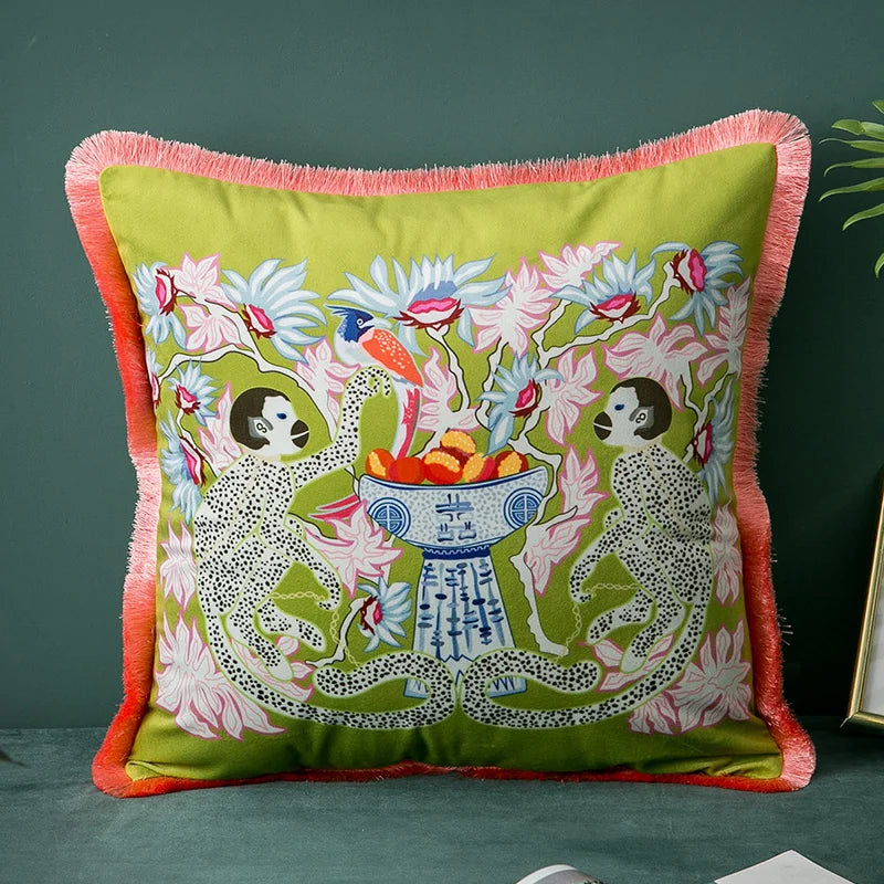 Premium Retro Animal Velvet Cushion Covers with Tassles Spotted monkeys