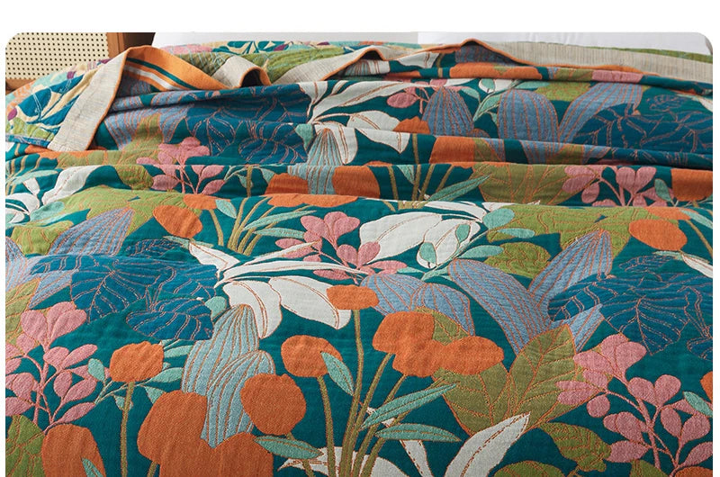 Blue and Green Cotton Bedspread / Sofa Throw With Orange Tulips - Single & Kingsize
