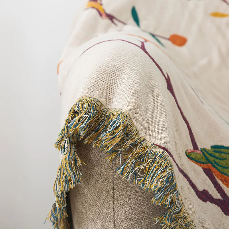 Cream Cotton Bedspread / Sofa Throw With Colourful Birds - Single & Kingsize
