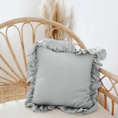 Grey 100% Pure Linen Ruffle Cushion Cover