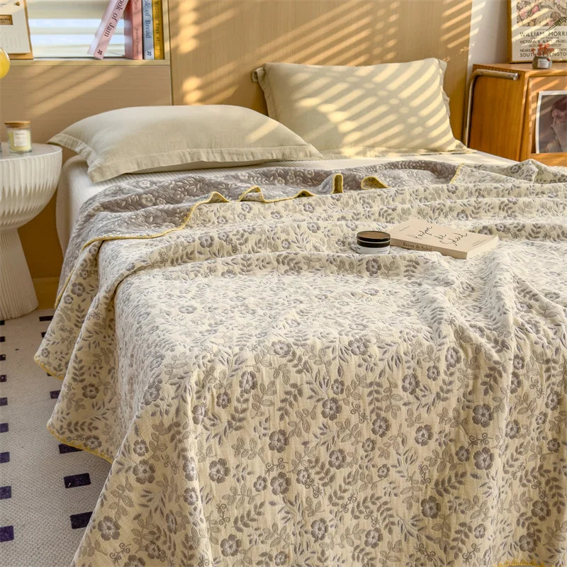 Cotton jacquard cream grey and yellow Floral Bedspread / Sofa Throw With Embroidered Edges