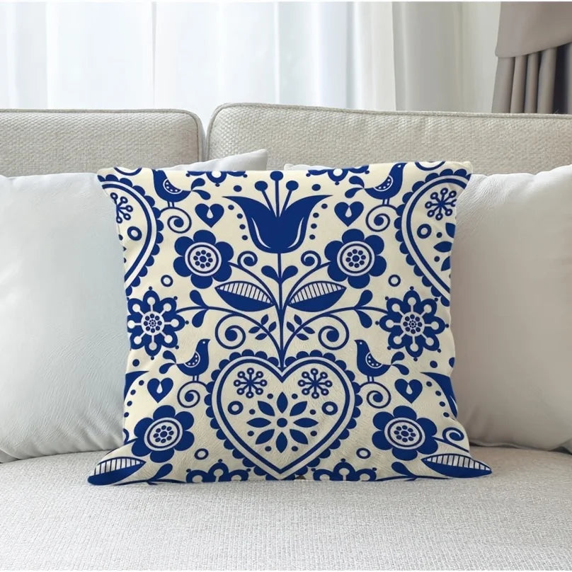 Nordic Blue Folk Art Cotton/Polyester Cushion Cover - Various Sizes