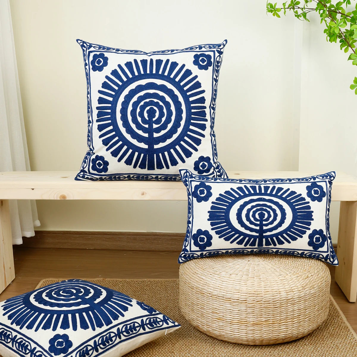 Cream & Navy Geometric Circle Embroidered Cushion Covers - 3 Sizes