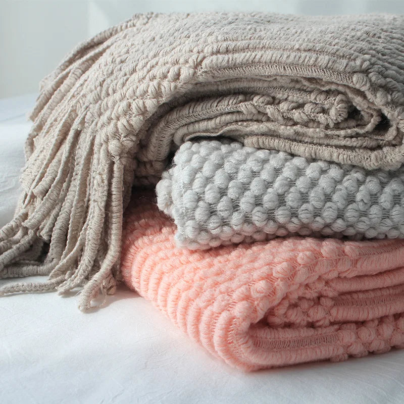 Knitted Blanket / Sofa Throw with Modern Pattern, Texture and Tassels