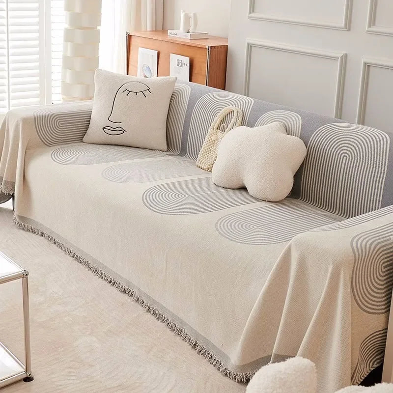 Grey and cream Nordic Geometric Striped Sofa Throws With Tassels