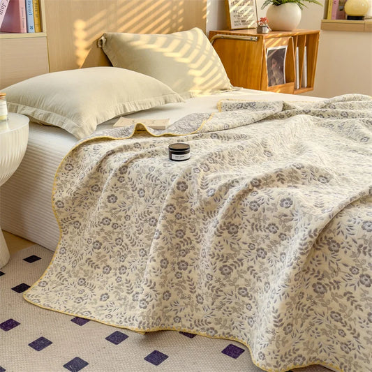 Cotton jacquard cream grey and yellow Floral Bedspread / Sofa Throw With Embroidered Edges