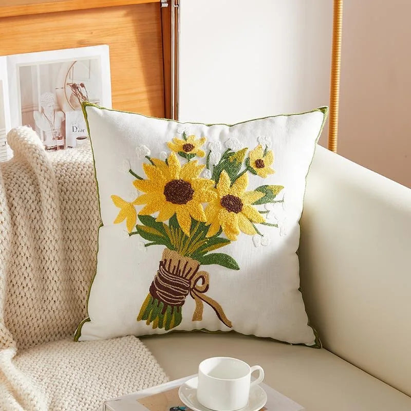 Tufted & Embroidered Floral Cushion Covers on Off-White Cotton/Linen 18inx18in
