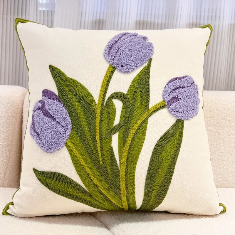 Tufted & Embroidered Floral Cushion Covers on Off-White Cotton/Linen 18inx18in