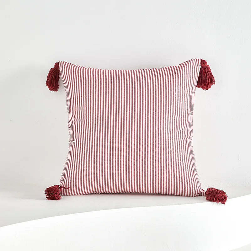 Stylish Red And White Striped Cushion Cover with Tassle - 18in x 18in