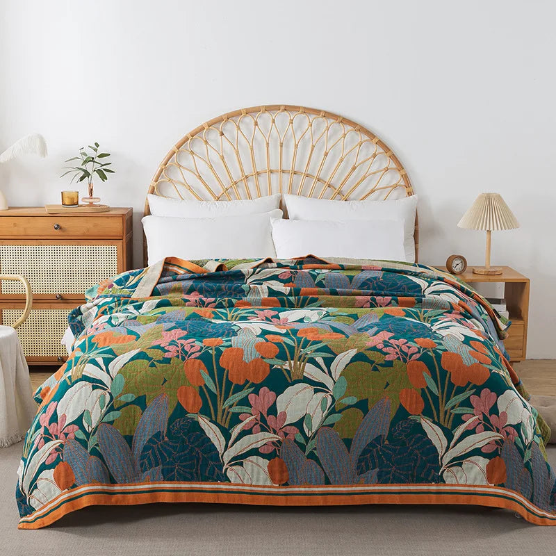 Blue and Green Cotton Bedspread / Sofa Throw With Orange Tulips - Single & Kingsize
