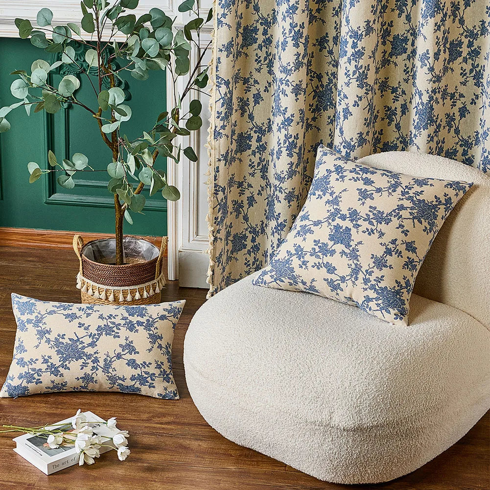 Chinoiserie Print on Off-White and Blue Floral Cushion Cover - Different Sizes