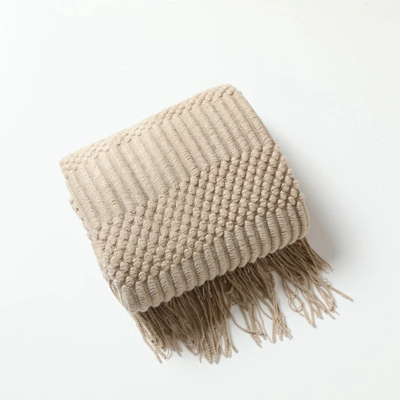 Beige Knitted Blanket / Sofa Throw with Modern Pattern, Texture and Tassels