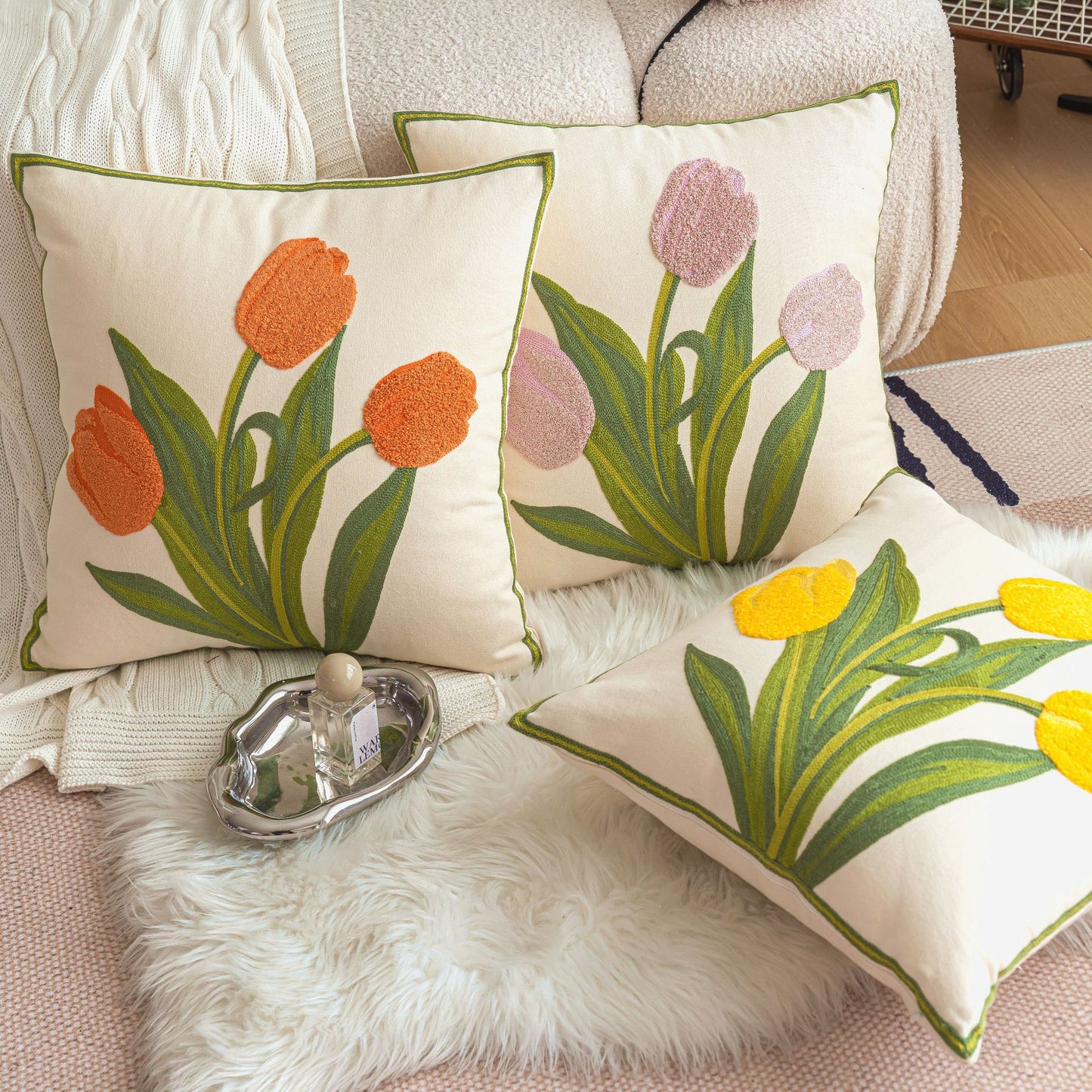 Beautiful Embroidered & Tufted Tulip Cushion Covers - 4 Colours