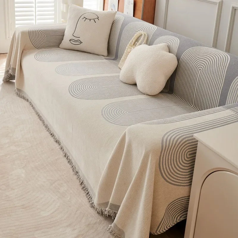 Cream and grey Nordic Geometric Striped Sofa Throws With Tassels